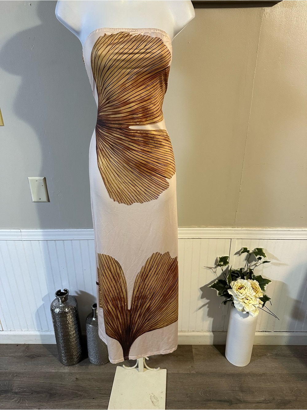 Strapless Beige Maxi Dress with Brown Leaf Print